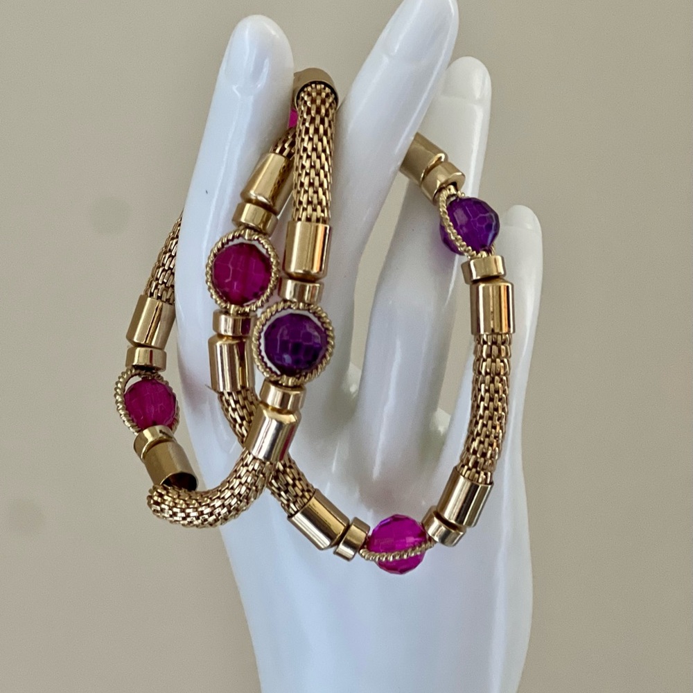 💜 Gold-Tone Mesh Wrap Bracelet Set - Faceted Pink & Purple Crystal Accents